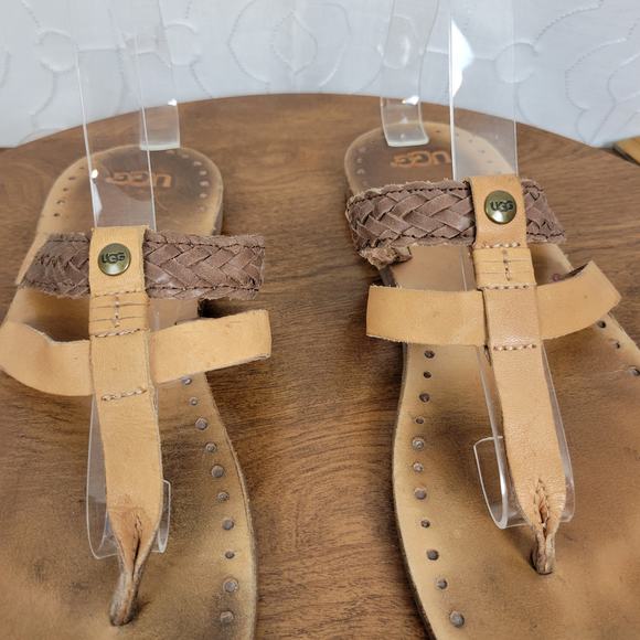 UGG Australia Audra Women Sandals Size 10 Tan Leather Flat Braided Slip On Thong - Picture 6 of 7